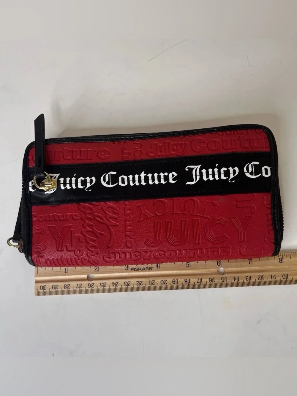 Juicy Couture Red Embossed Zip-Around Wallet with Black Logo Band NWOT